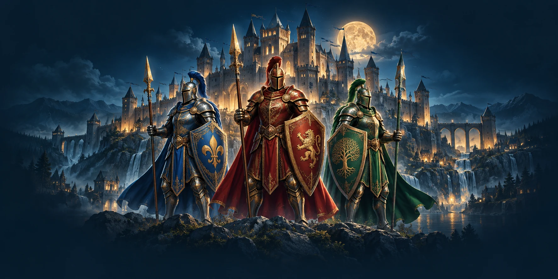 Three blue, red and green knights guarding a castle